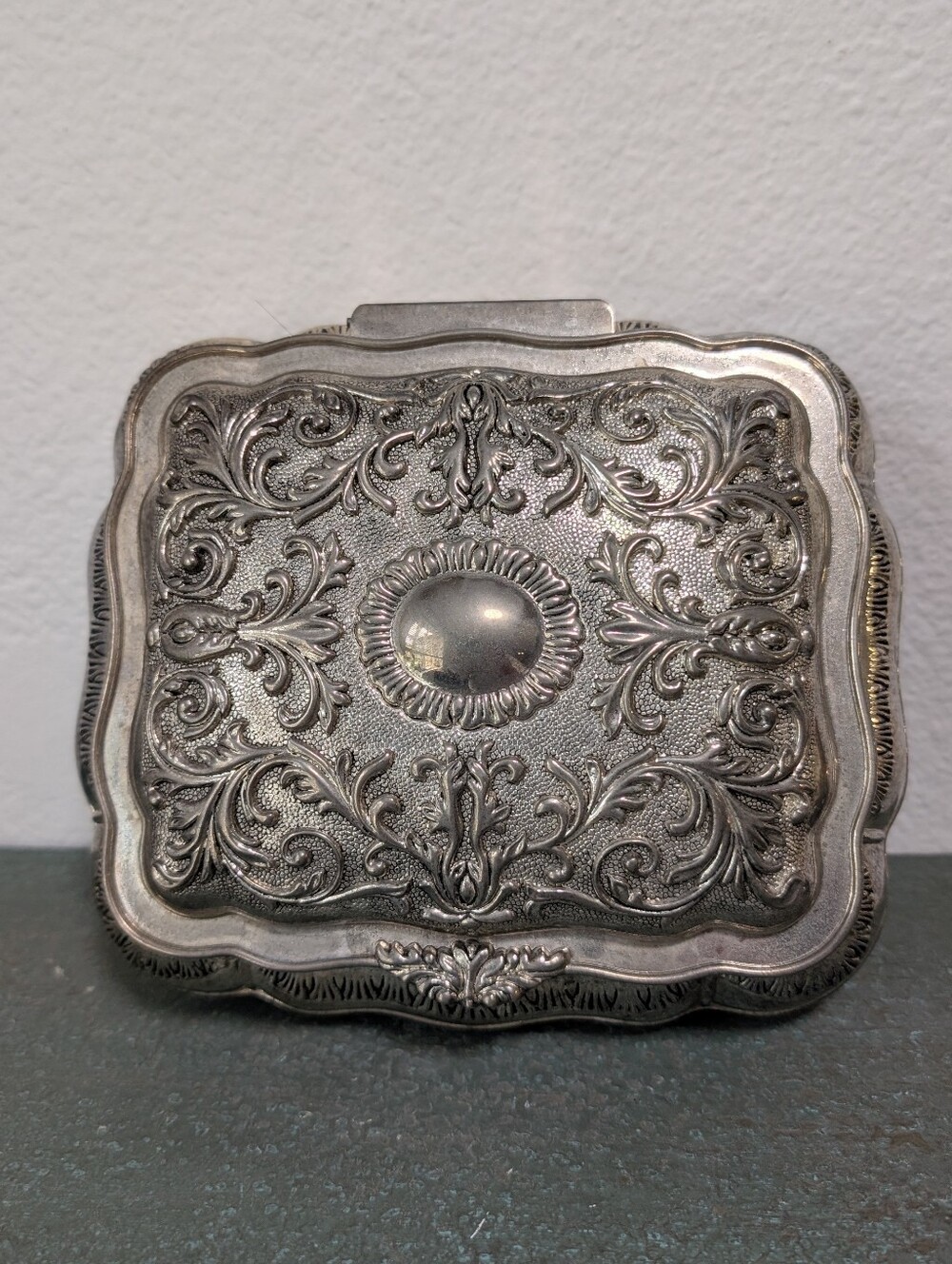 Vtg Unsigned Silver Plated Square Trinket Jewelry Box Ornate Red Velvet Lining